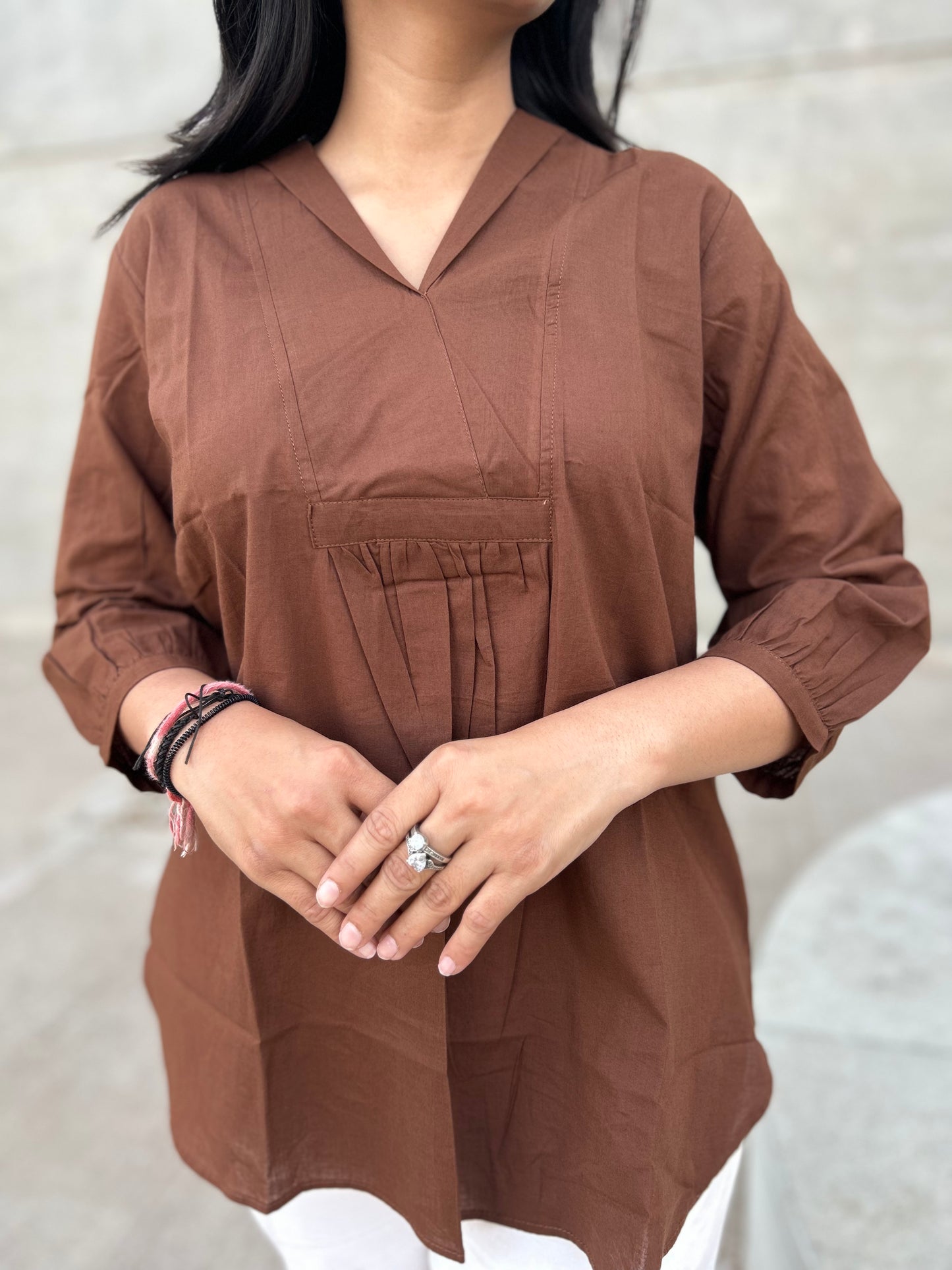 AIRA Brown V-Neck Cotton Short Top