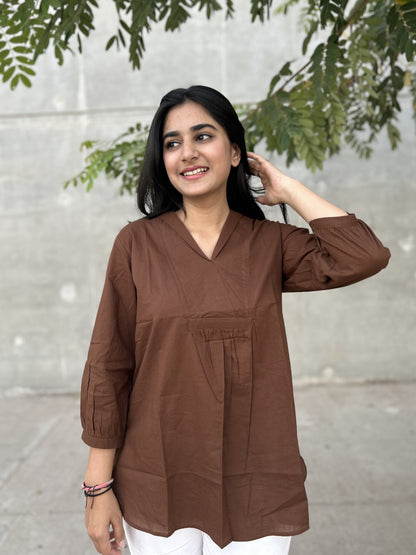 AIRA Brown V-Neck Cotton Short Top