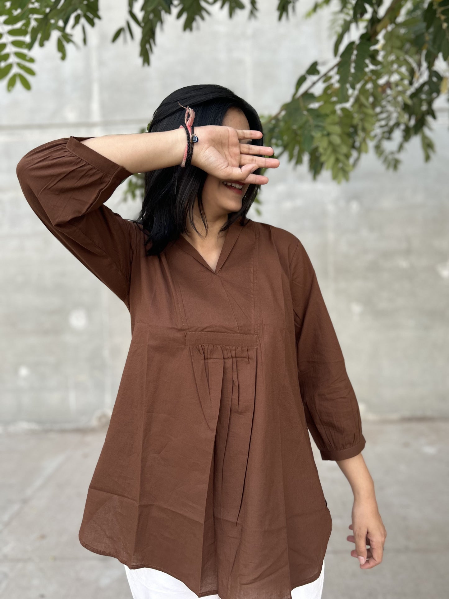 AIRA Brown V-Neck Cotton Short Top