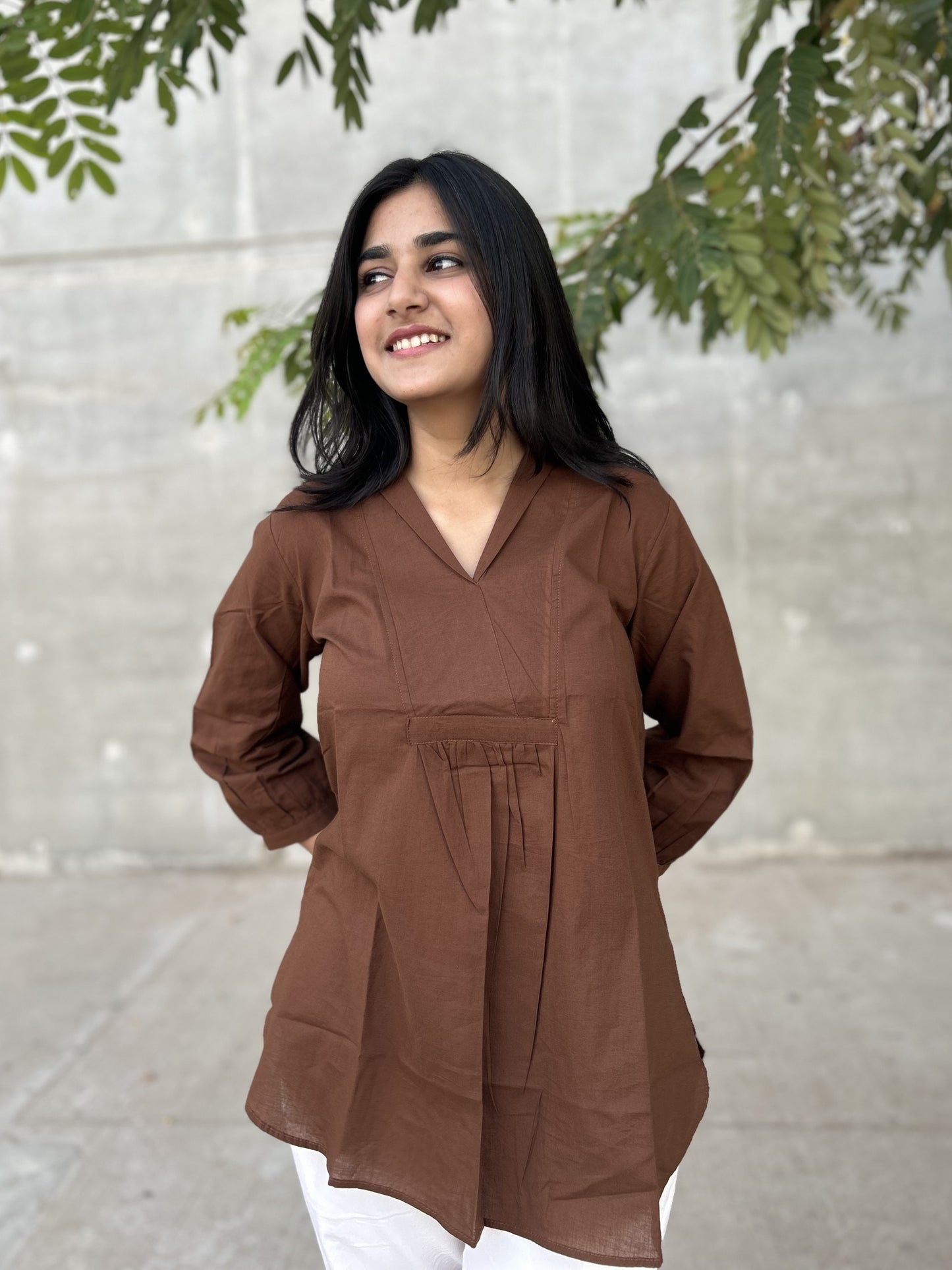 AIRA Brown V-Neck Cotton Short Top