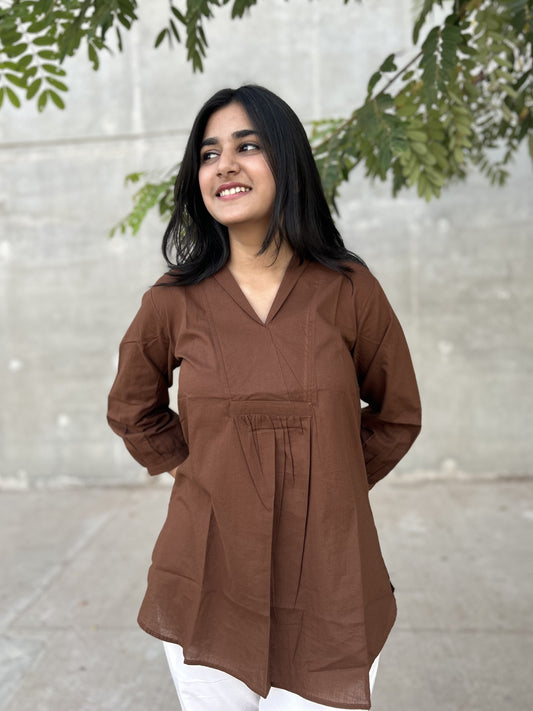 AIRA Brown V-Neck Cotton Short Top