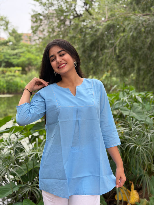 ZIVA Sky Blue V-neck Hand work Cotton Short Top