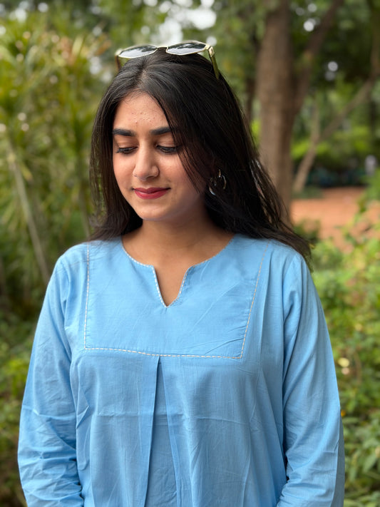 ZIVA Sky Blue V-neck Hand work Cotton Short Top