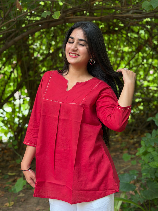 ZIVA Red V-neck Hand work Cotton Short Top