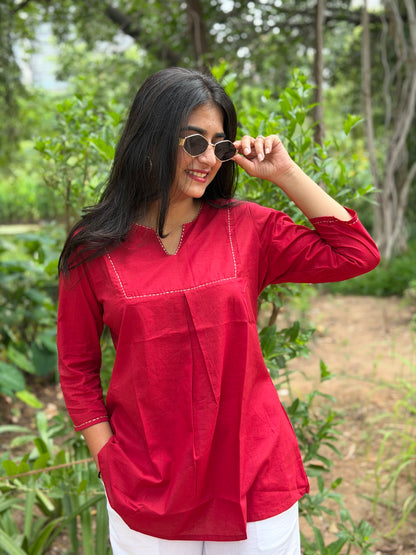 ZIVA Red V-neck Hand work Cotton Short Top