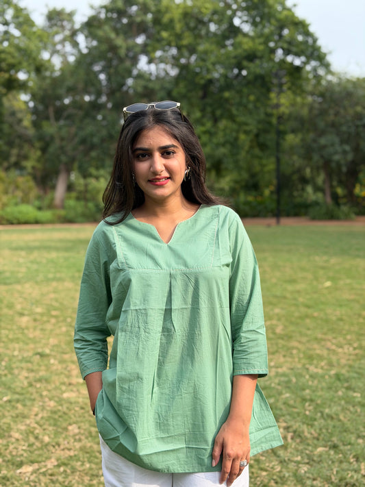 ZIVA Mint Green V-neck Hand work Cotton Short Top