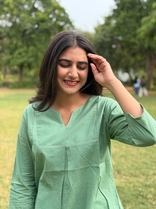 ZIVA Mint Green V-neck Hand work Cotton Short Top