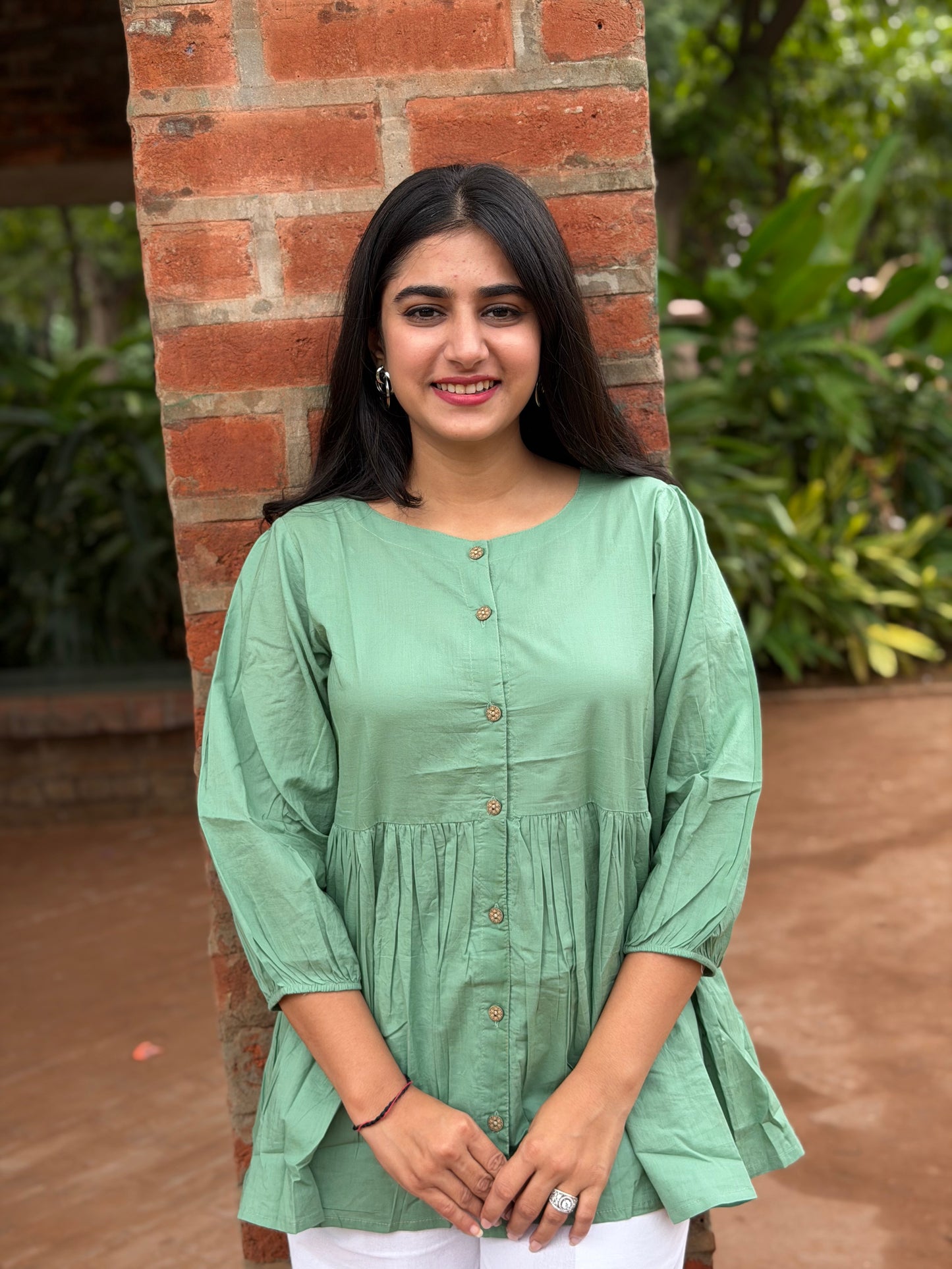 AURA Mint Green Solid Cotton Short Top