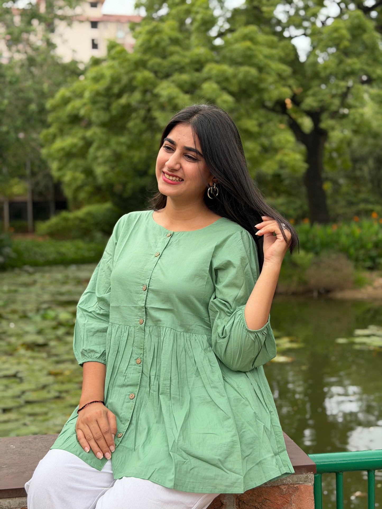 AURA Mint Green Solid Cotton Short Top