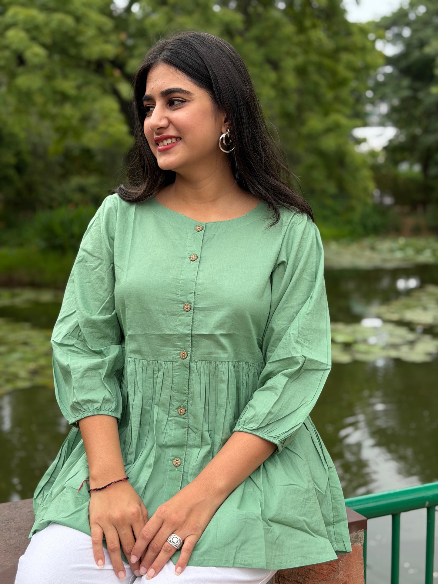 AURA Mint Green Solid Cotton Short Top