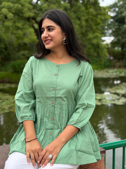 AURA Mint Green Solid Cotton Short Top