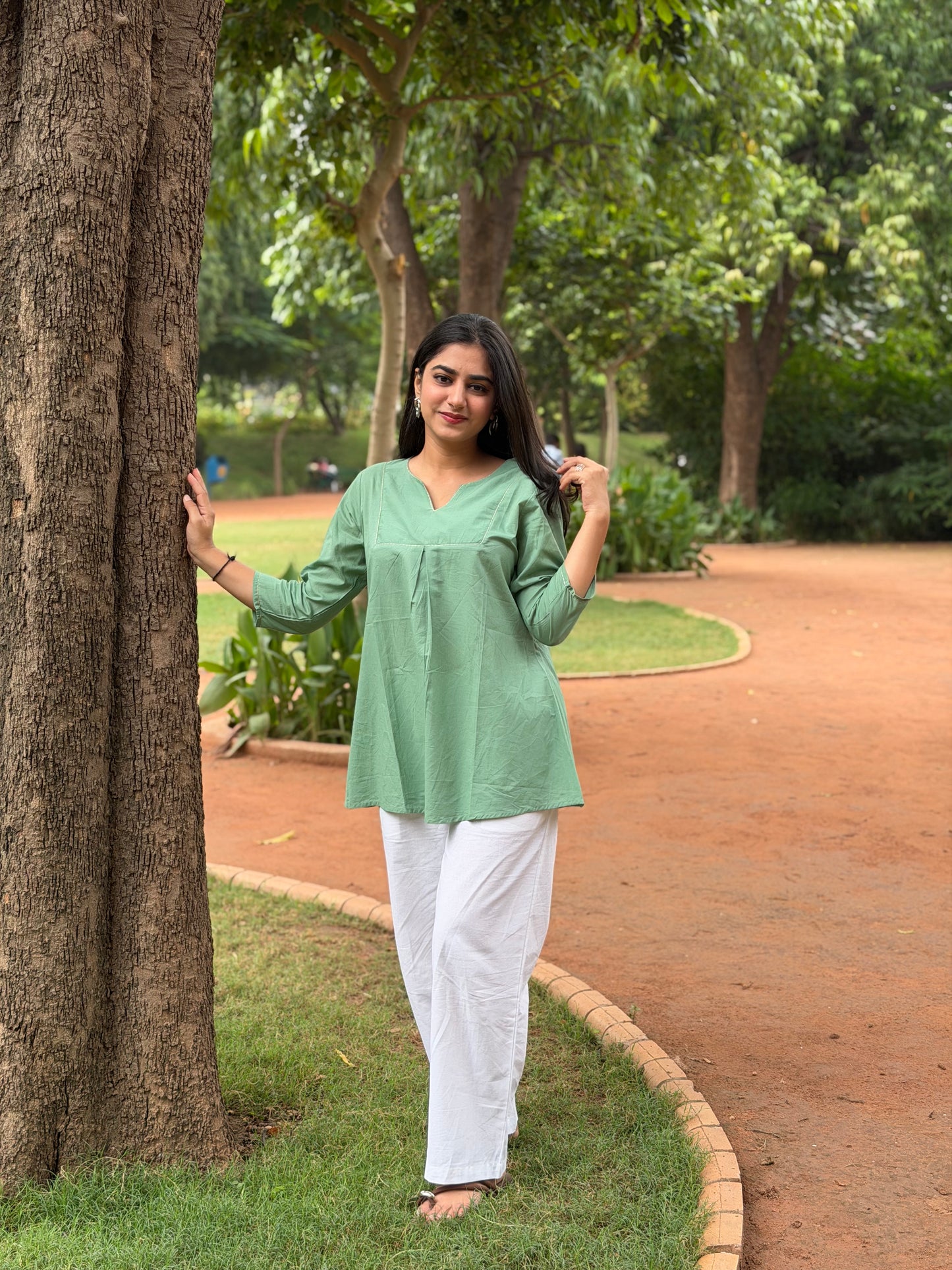 ZIVA Mint Green V-neck Hand work Cotton Short Top