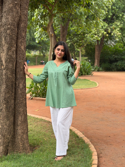 ZIVA Mint Green V-neck Hand work Cotton Short Top