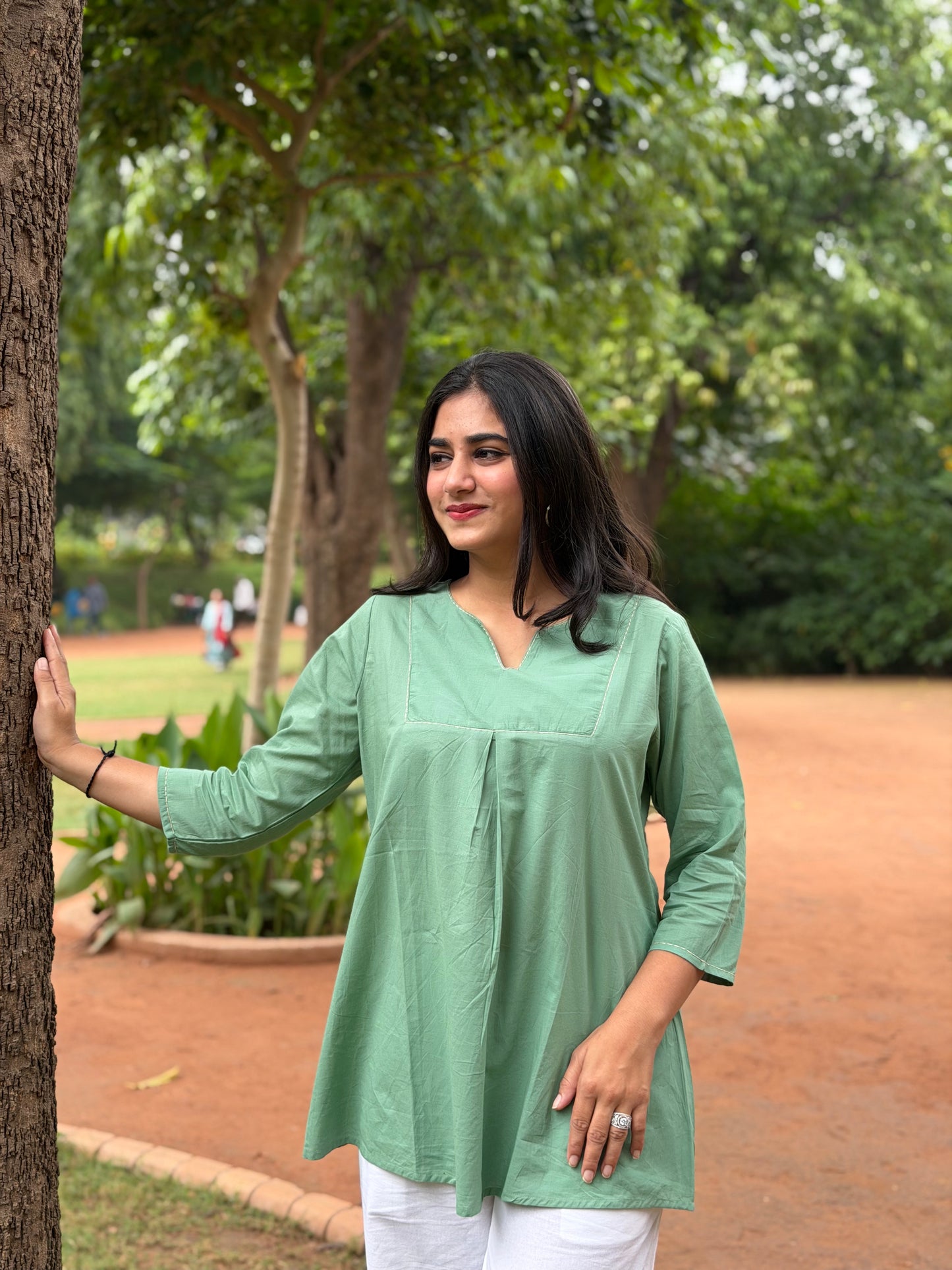 ZIVA Mint Green V-neck Hand work Cotton Short Top