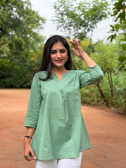 ZIVA Mint Green V-neck Hand work Cotton Short Top
