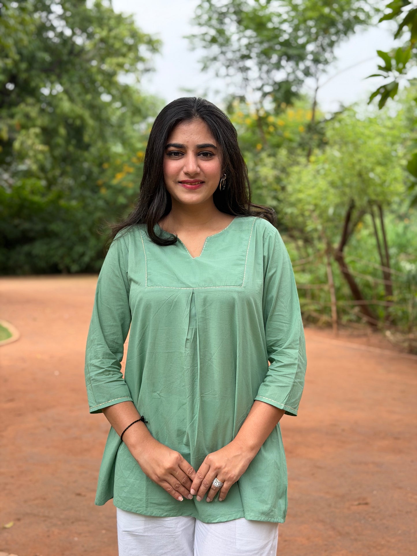 ZIVA Mint Green V-neck Hand work Cotton Short Top