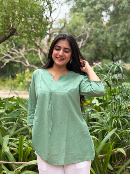 ZIVA Mint Green V-neck Hand work Cotton Short Top