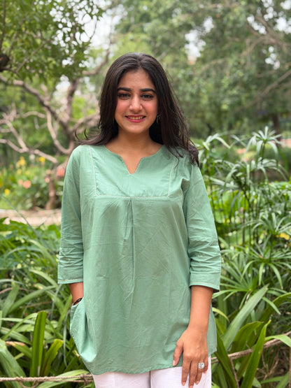 ZIVA Mint Green V-neck Hand work Cotton Short Top