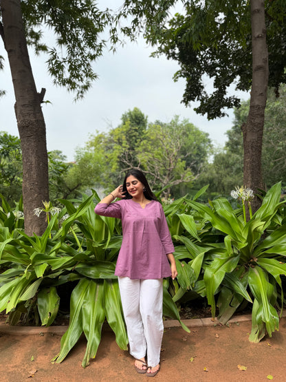 ZIVA Pink V-neck Hand work Cotton Short Top