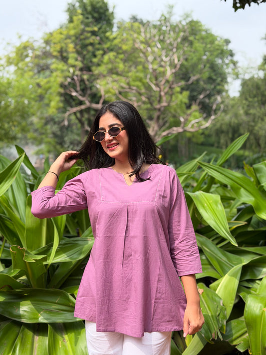 ZIVA Pink V-neck Hand work Cotton Short Top