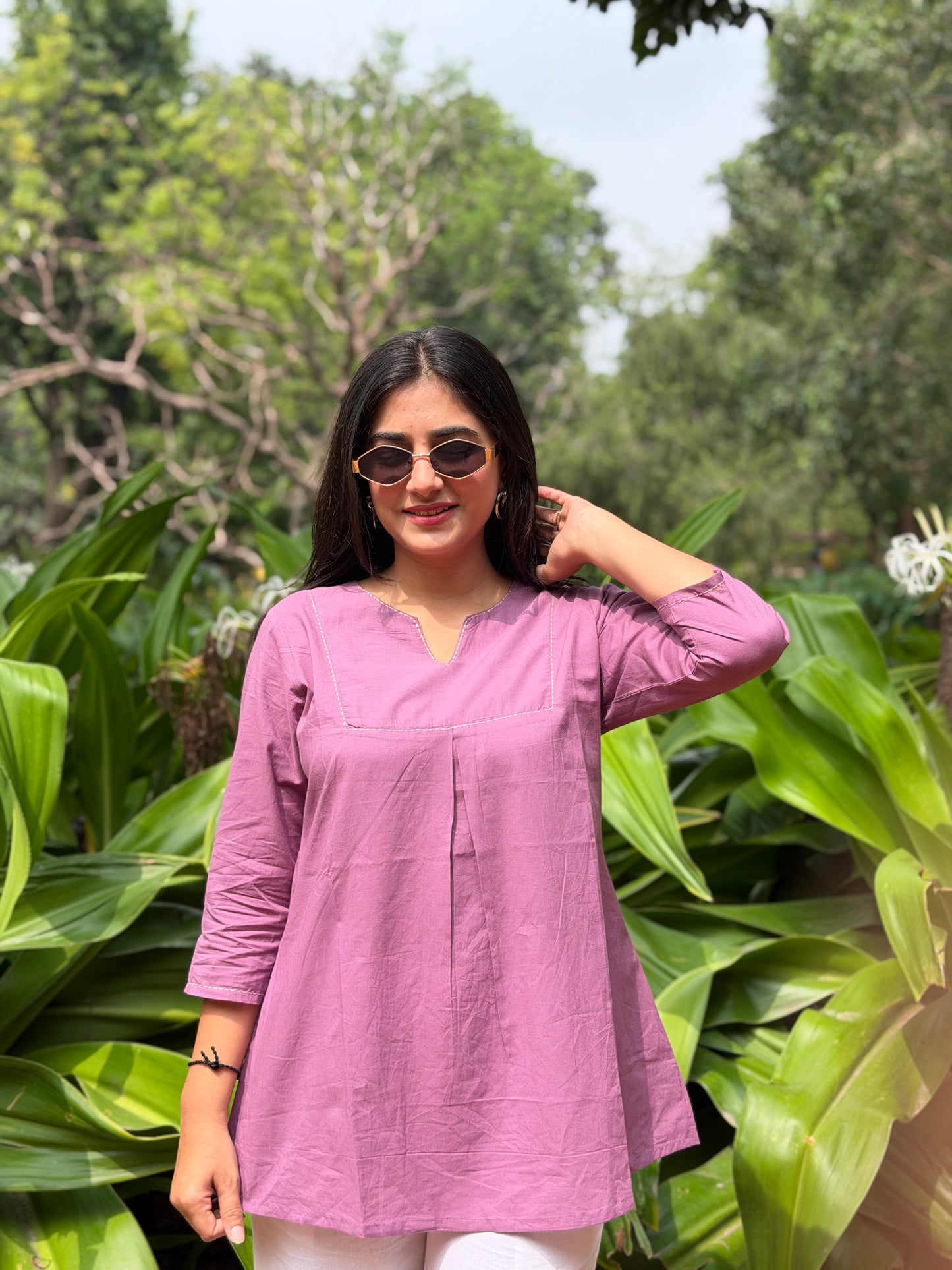 ZIVA Pink V-neck Hand work Cotton Short Top