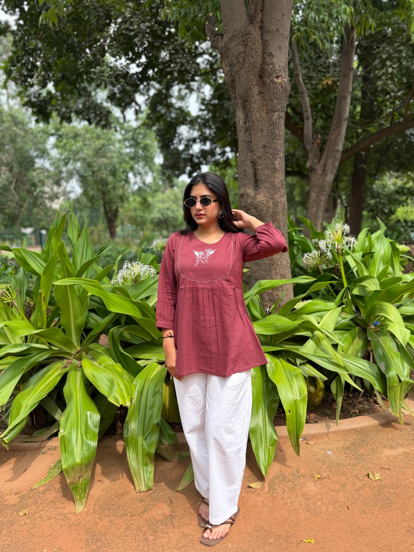 SAVI Dusty Plum Bird work Cotton Short Top