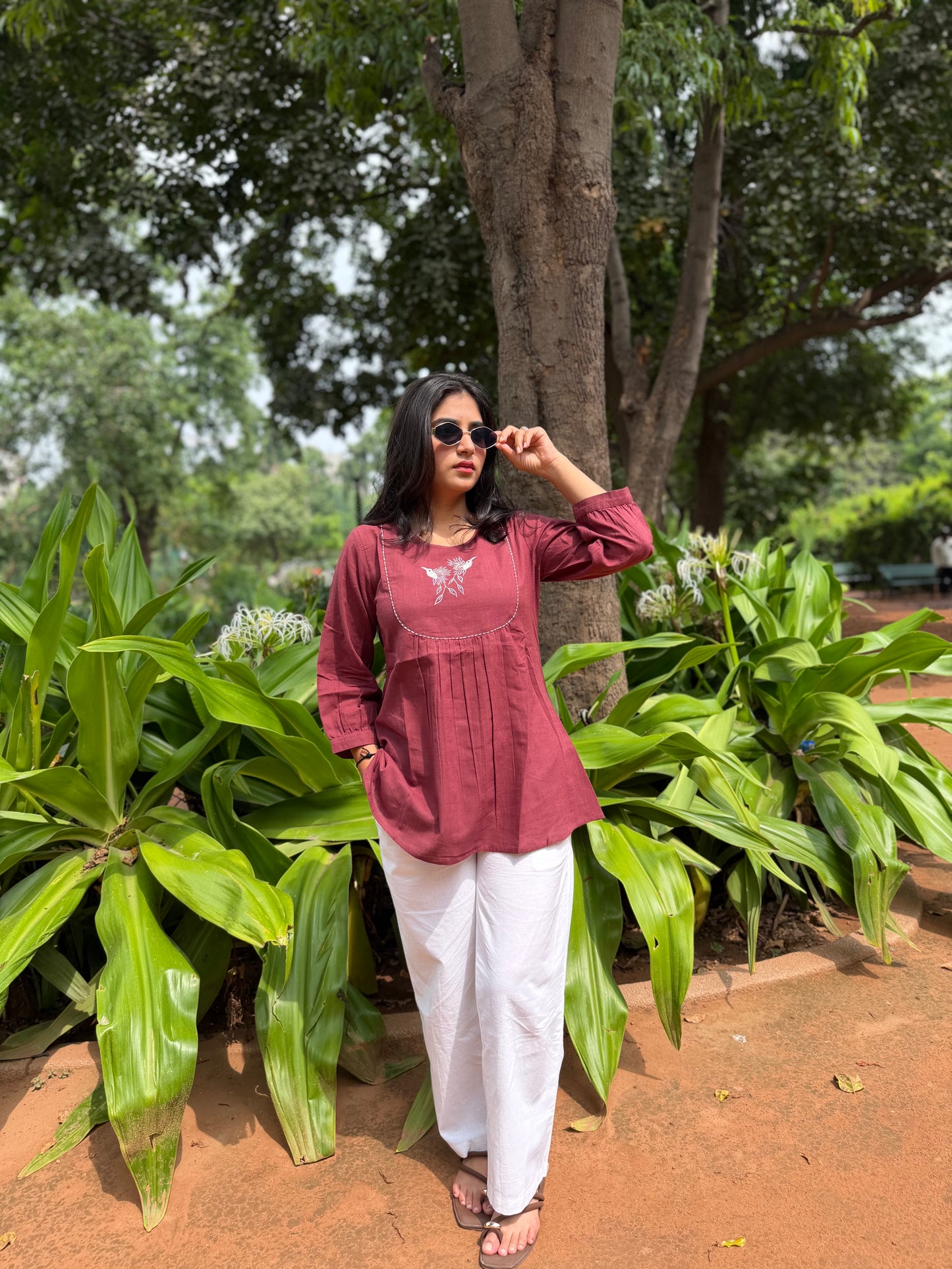 SAVI Dusty Plum Bird work Cotton Short Top