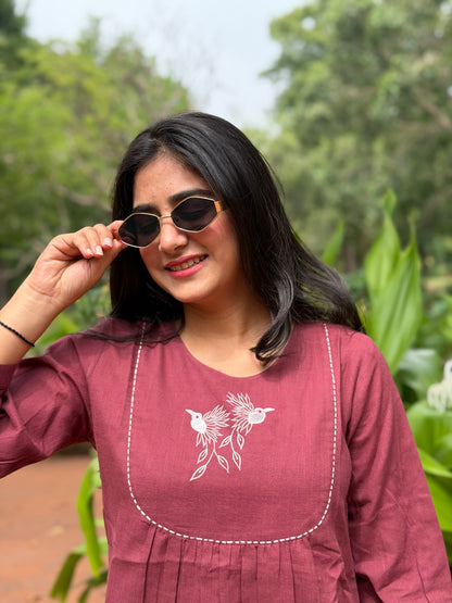 SAVI Dusty Plum Bird work Cotton Short Top