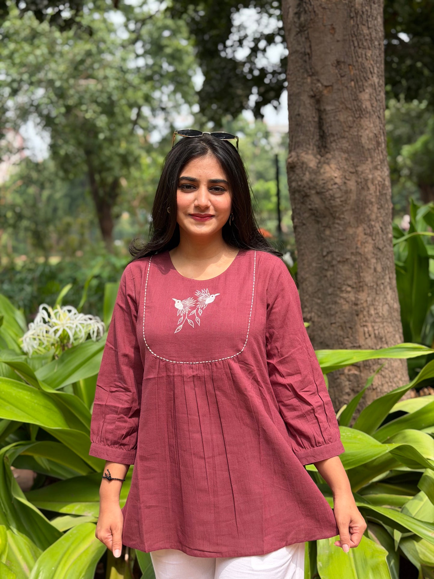 SAVI Dusty Plum Bird work Cotton Short Top