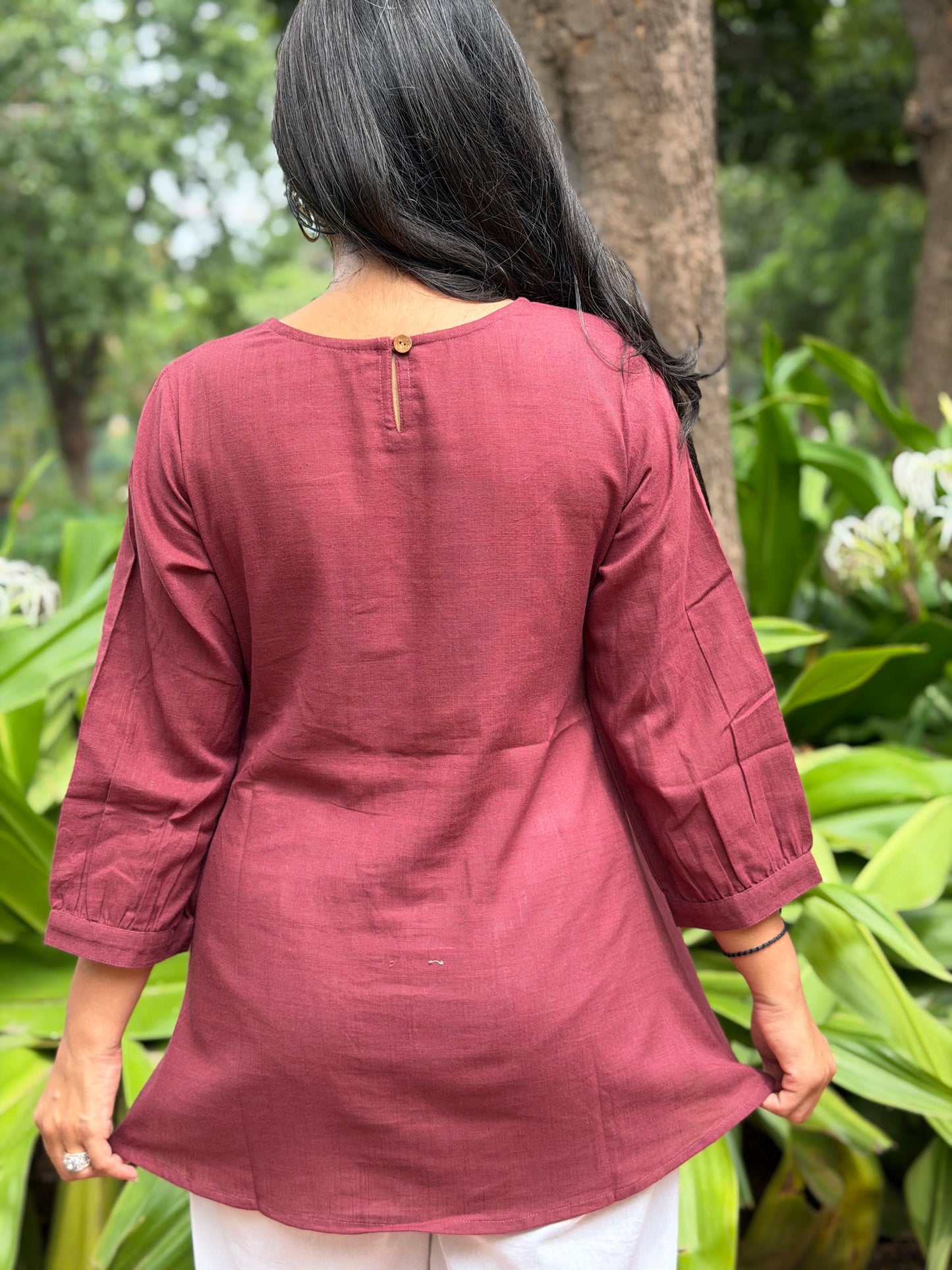 SAVI Dusty Plum Bird work Cotton Short Top