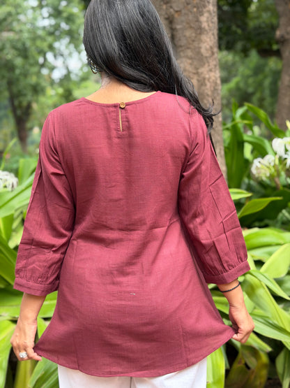 SAVI Dusty Plum Bird work Cotton Short Top
