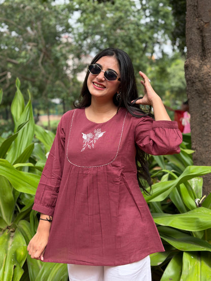 SAVI Dusty Plum Bird work Cotton Short Top