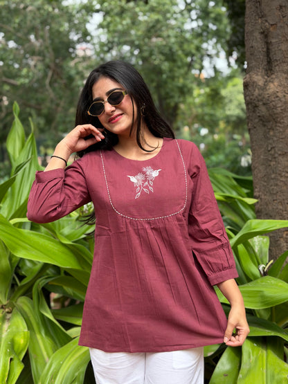SAVI Dusty Plum Bird work Cotton Short Top