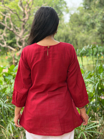 SAVI Crimson Red Bird work Cotton Short Top