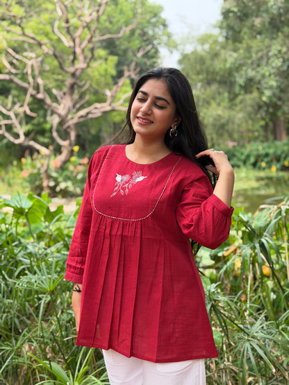 SAVI Crimson Red Bird work Cotton Short Top