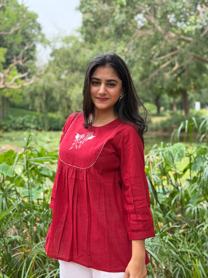 SAVI Crimson Red Bird work Cotton Short Top