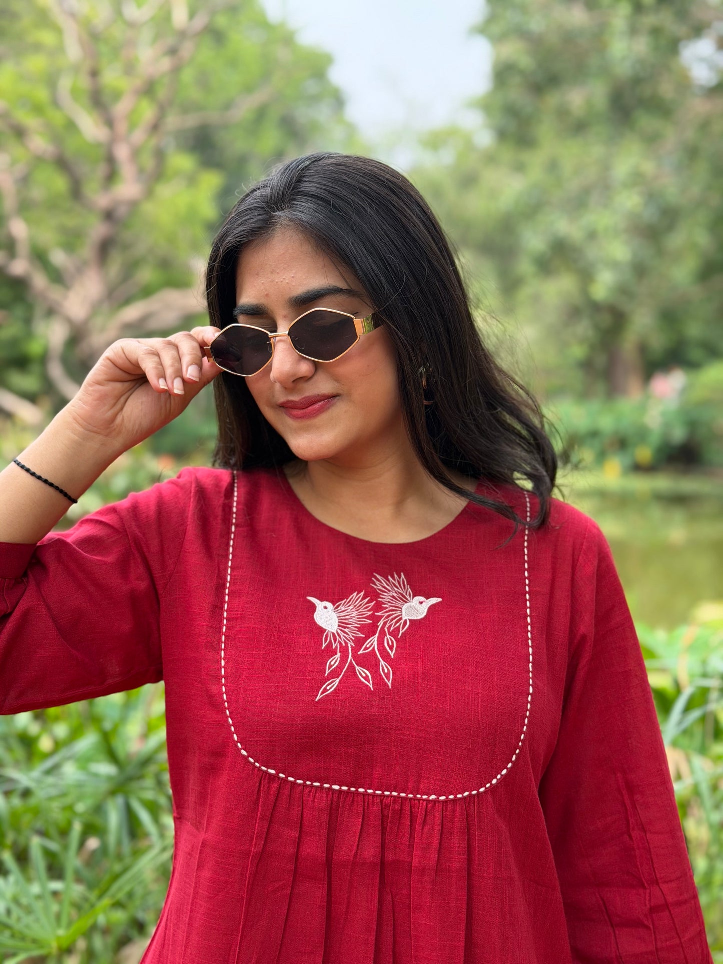 SAVI Crimson Red Bird work Cotton Short Top