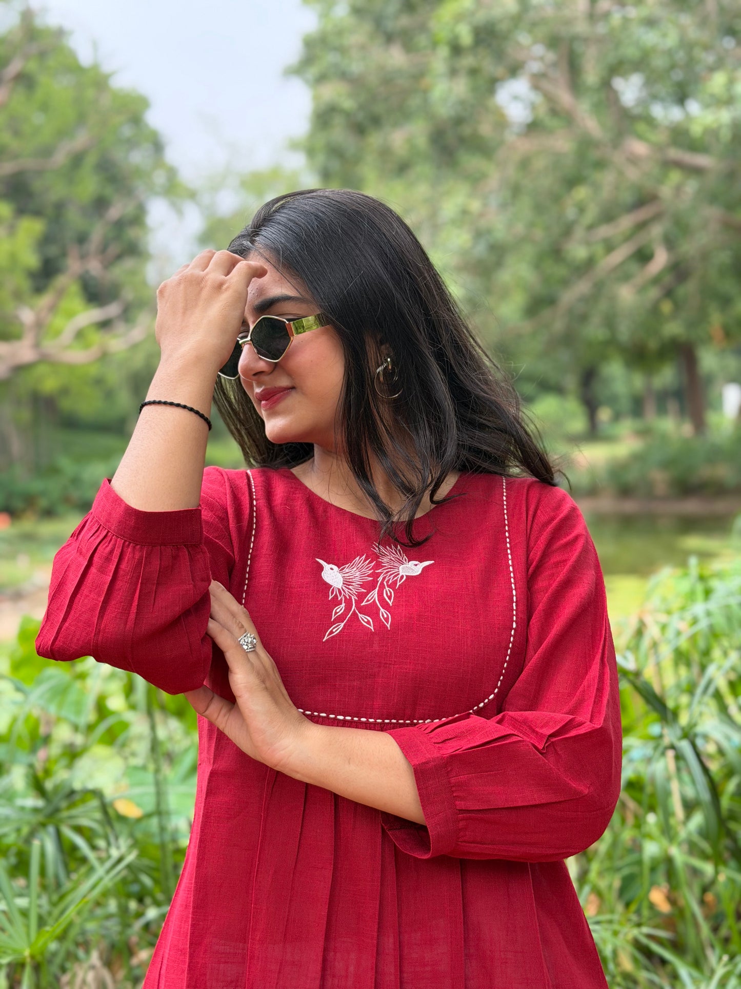 SAVI Crimson Red Bird work Cotton Short Top