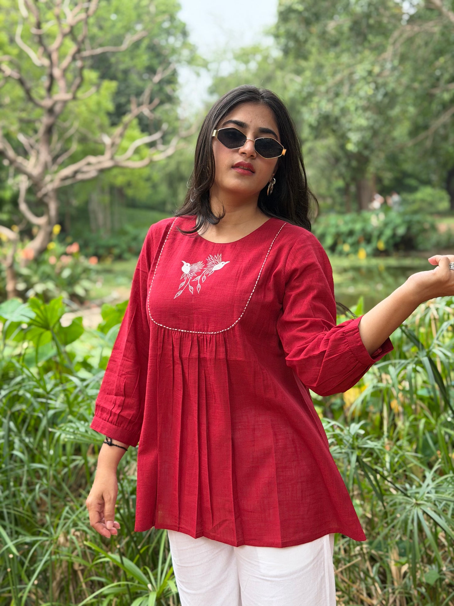SAVI Crimson Red Bird work Cotton Short Top