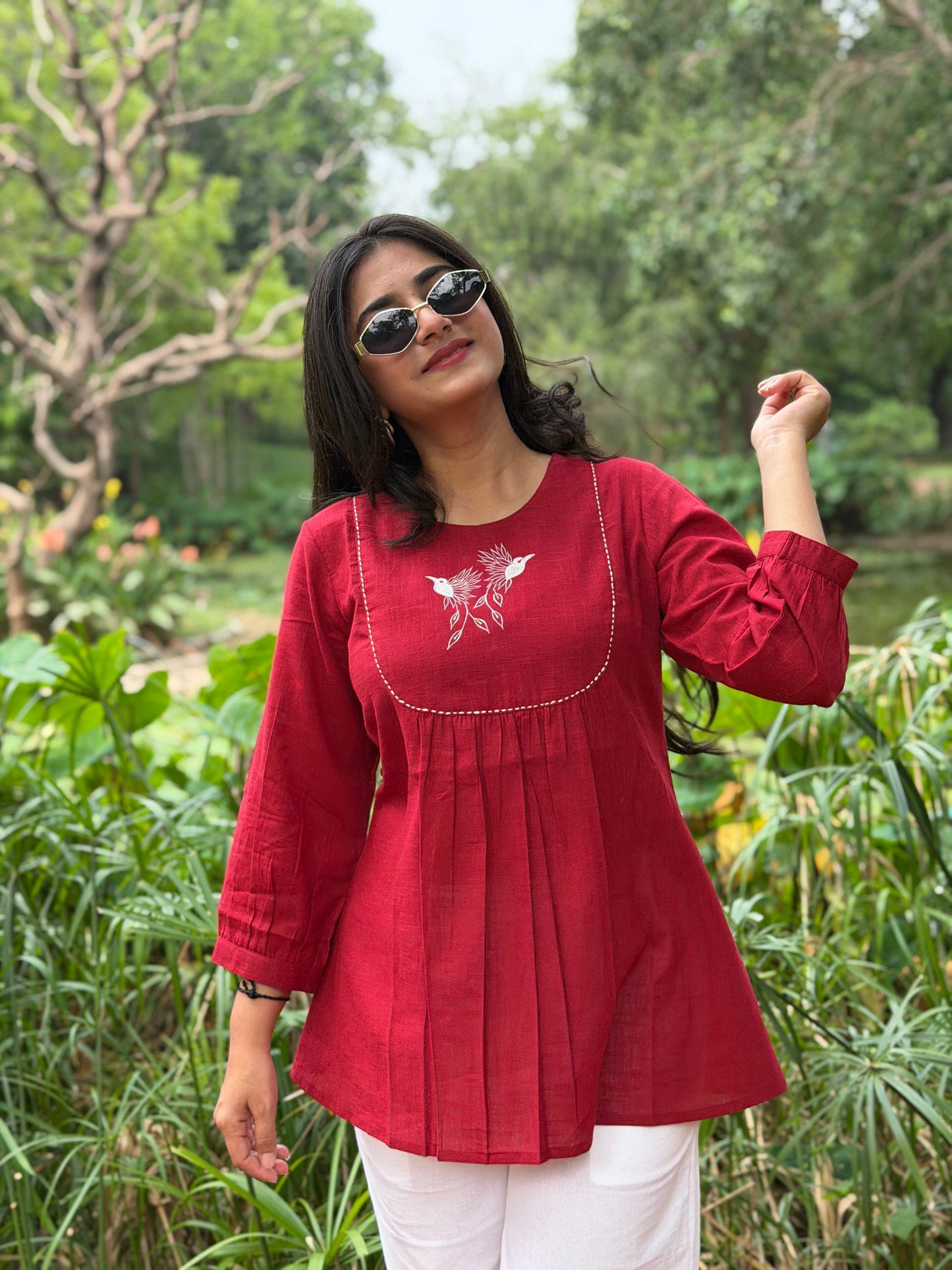 SAVI Crimson Red Bird work Cotton Short Top