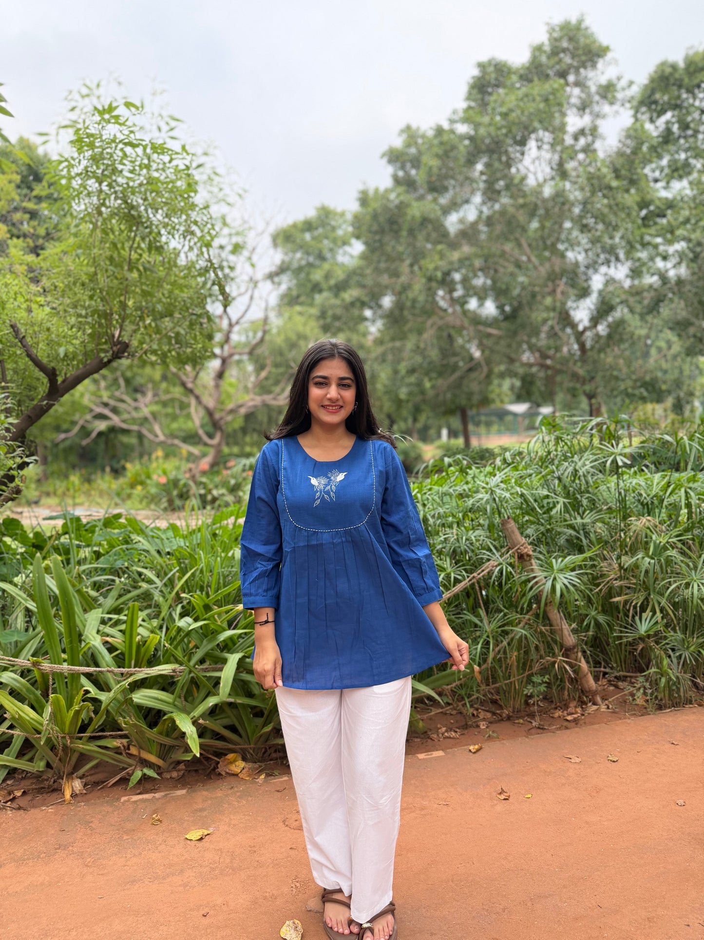 SAVI Royal Blue Bird work Cotton Short Top