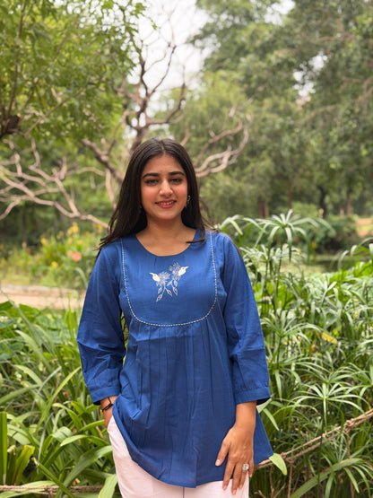 SAVI Royal Blue Bird work Cotton Short Top