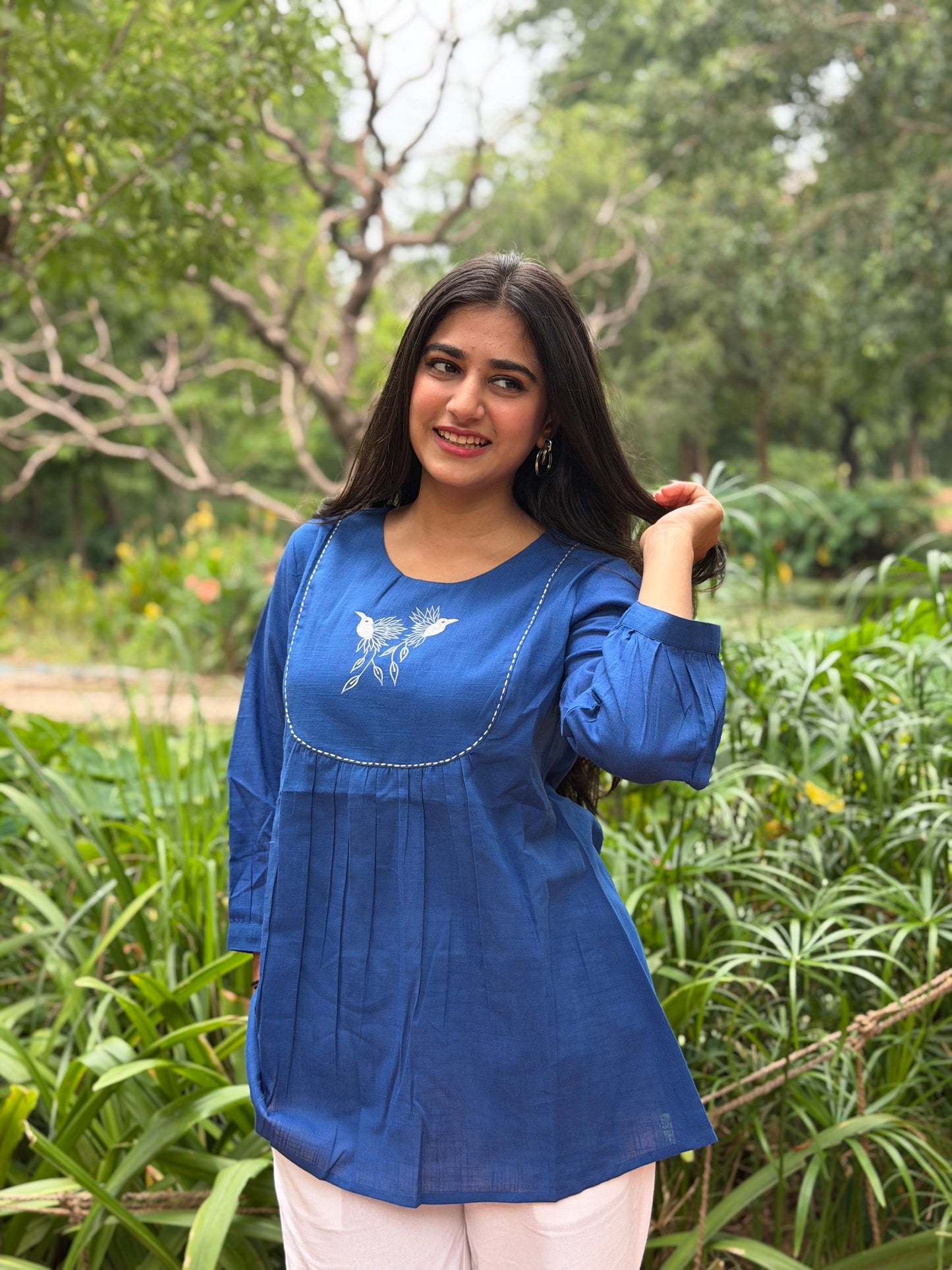 SAVI Royal Blue Bird work Cotton Short Top