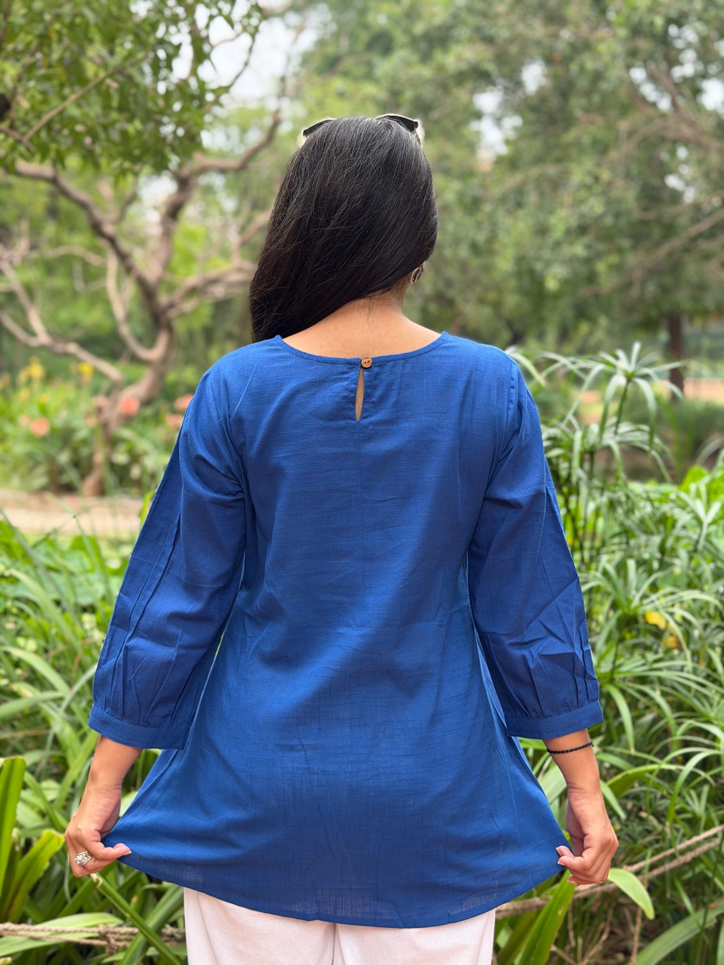 SAVI Royal Blue Bird work Cotton Short Top