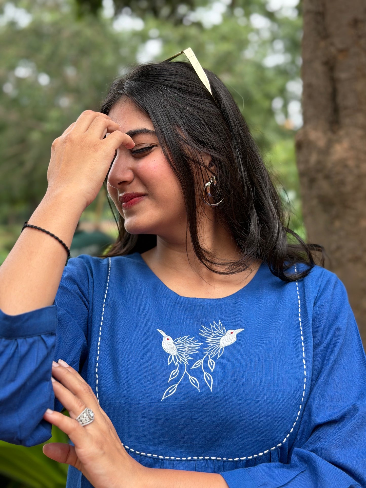 SAVI Royal Blue Bird work Cotton Short Top