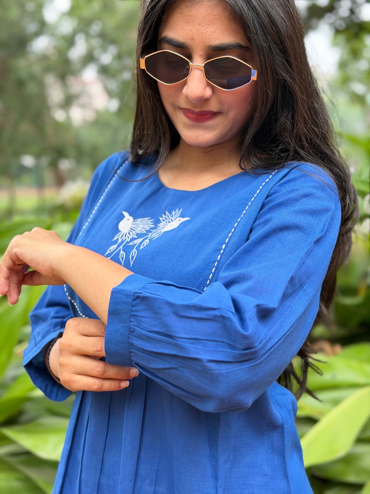 SAVI Royal Blue Bird work Cotton Short Top