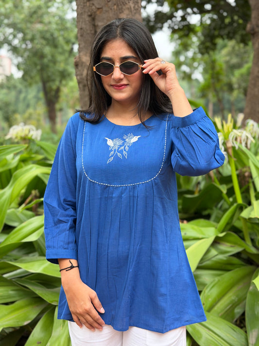 SAVI Royal Blue Bird work Cotton Short Top