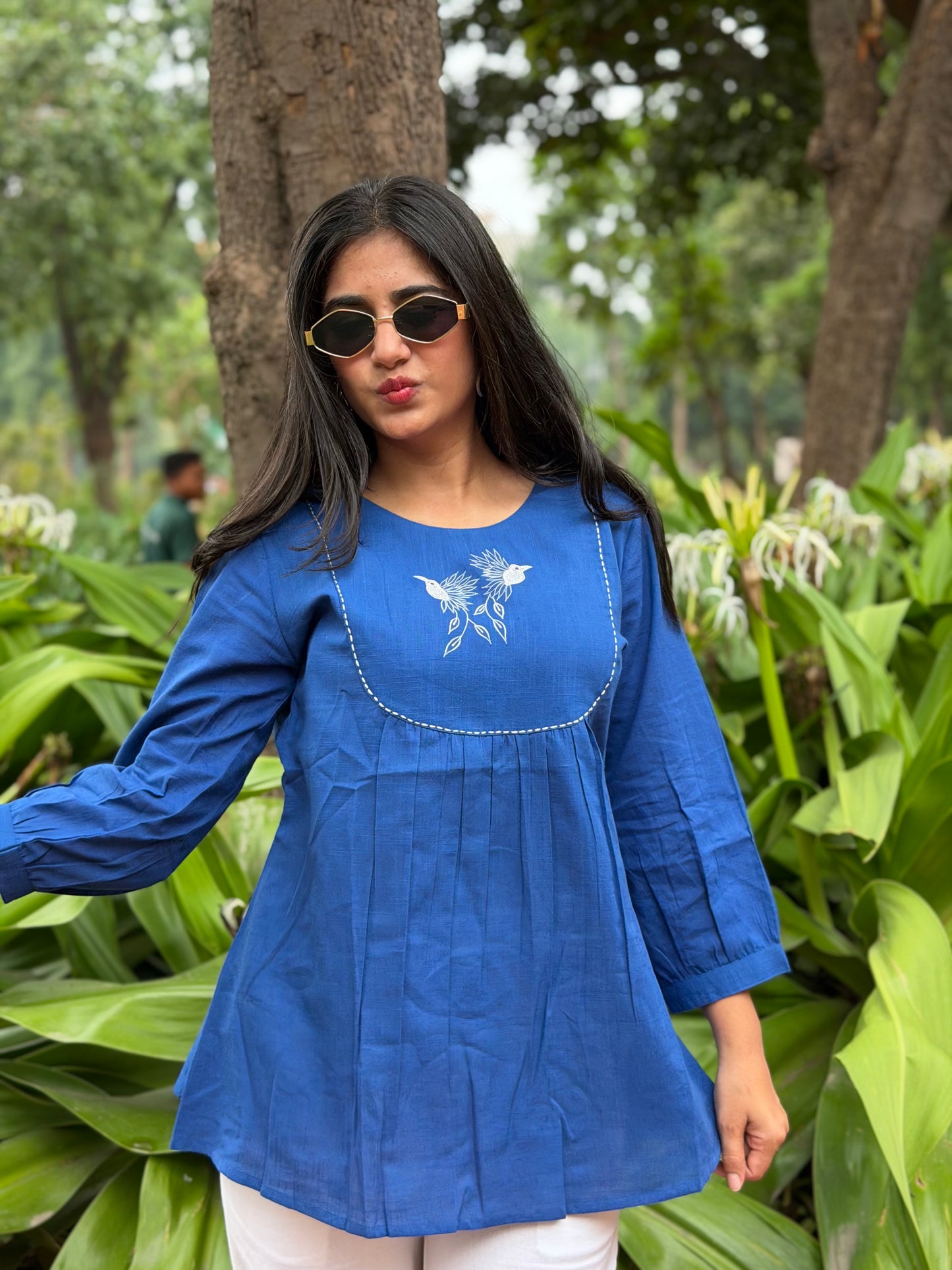 SAVI Royal Blue Bird work Cotton Short Top