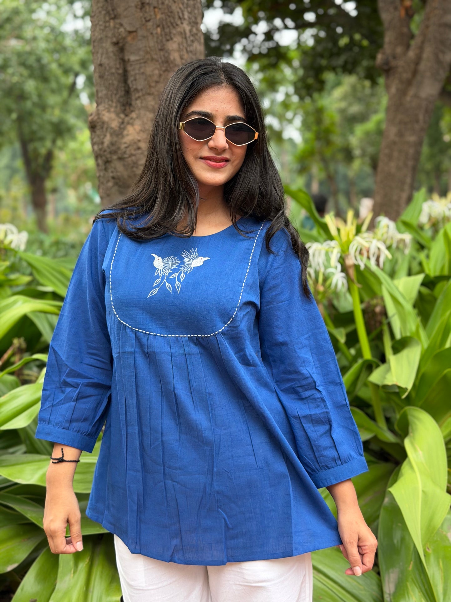 SAVI Royal Blue Bird work Cotton Short Top
