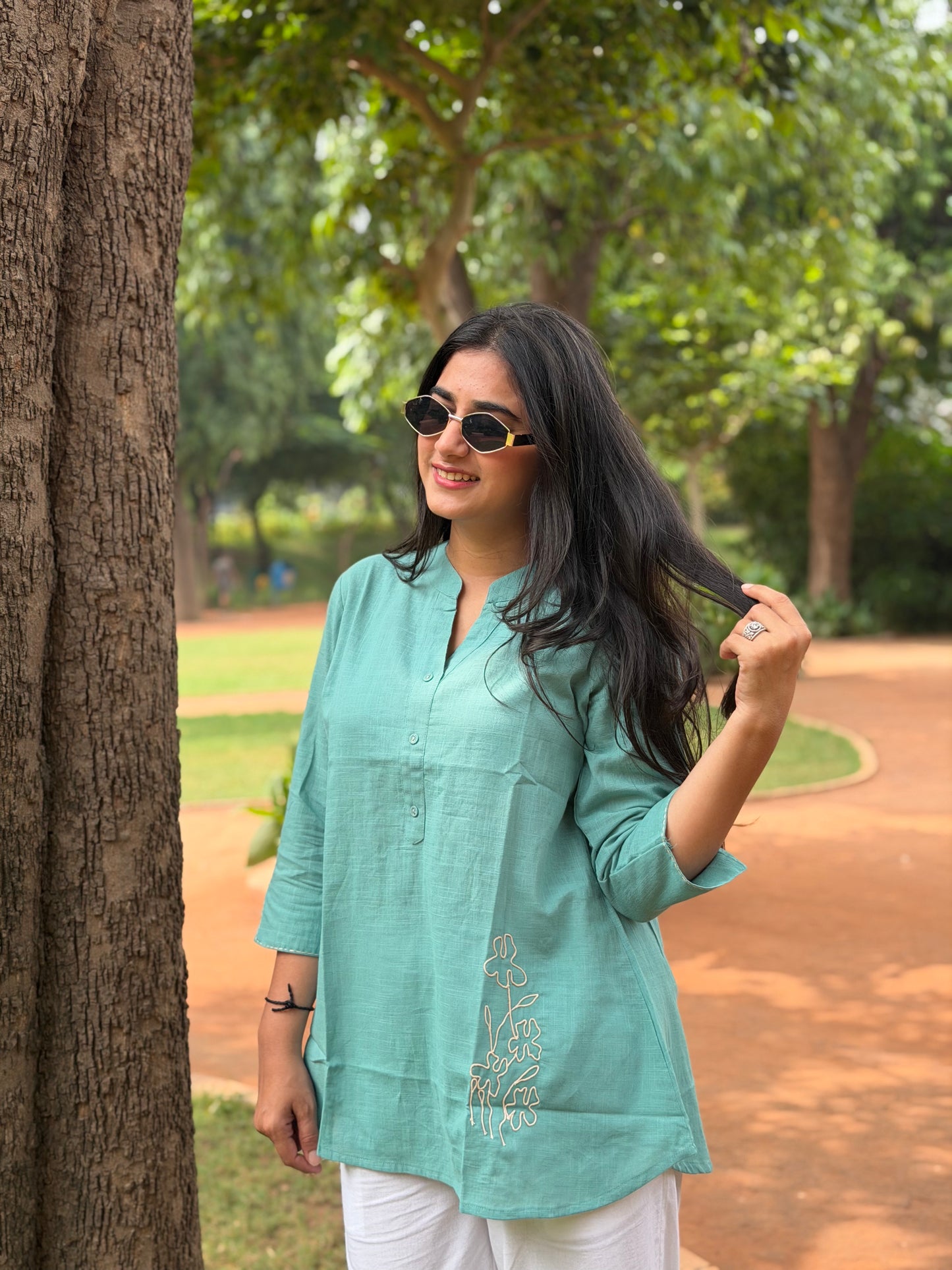 ELINA Dusty Teal Embroidered Cotton Short Top